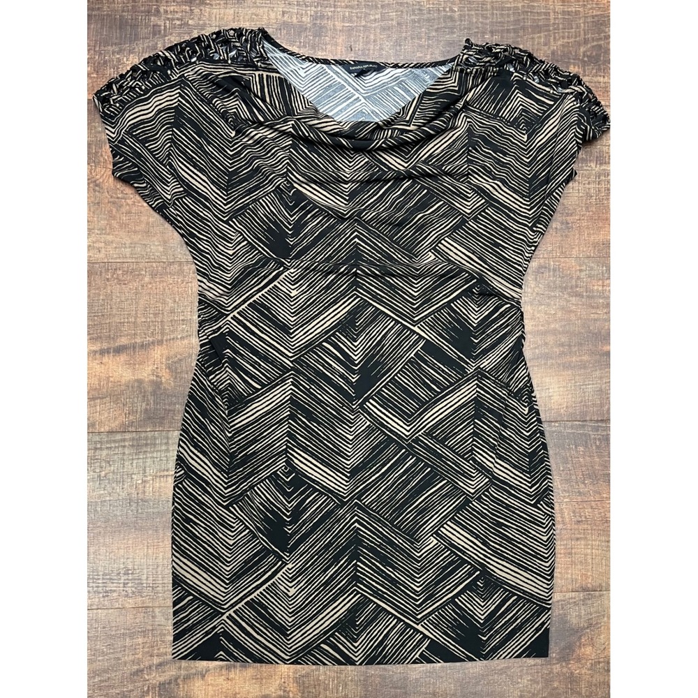 Banana Republic Womens Dress Large Black Tan Geometric Cowl Neck Lattice Sleeve